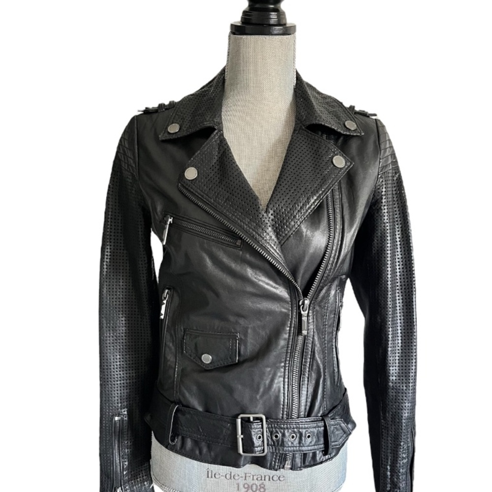 BGBC Black Belted Leather Motorcycle Woman Jacket XS